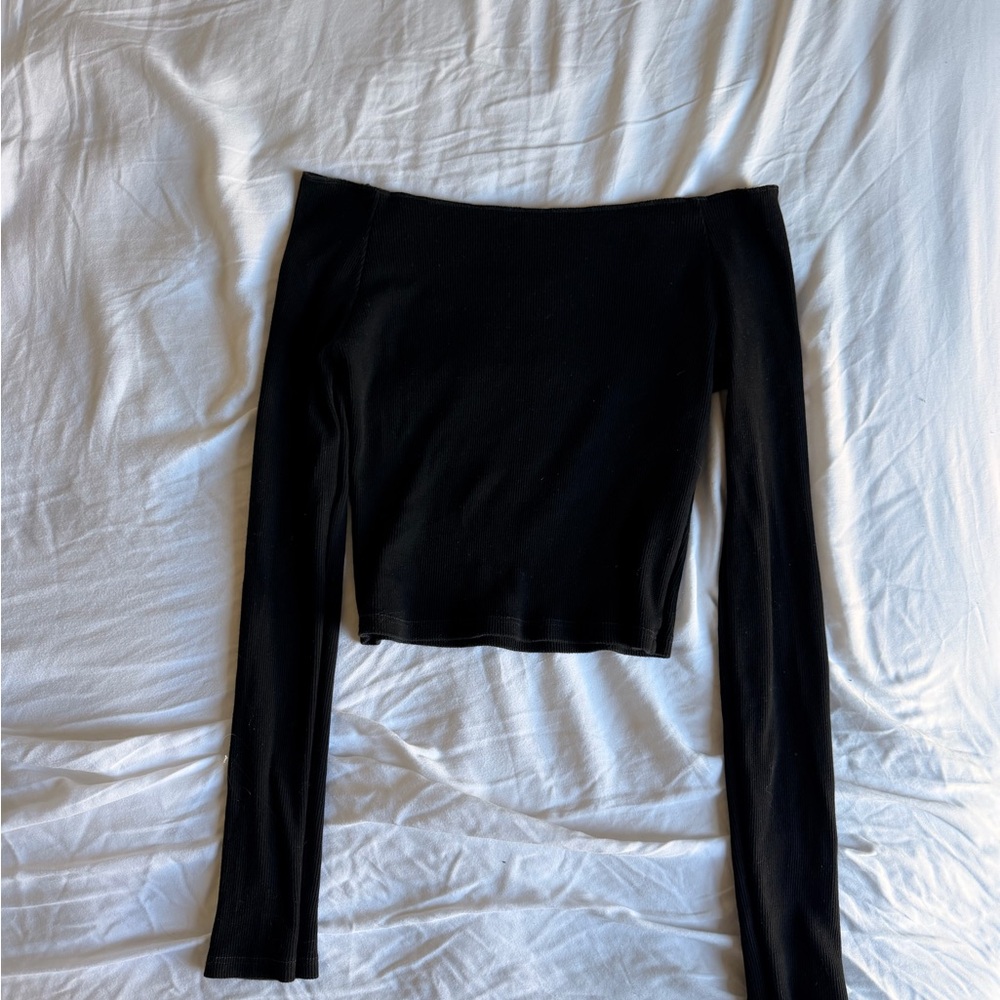 Brandy Melville Black Ribbed Off-Shoulder Crop Top